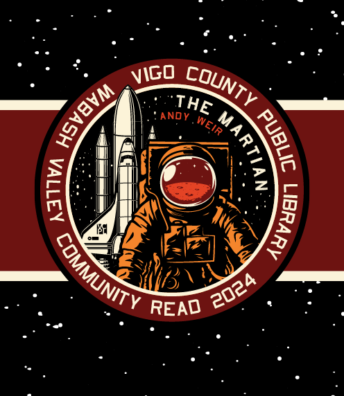 NASA-inspired badge with astronaut and space shuttle; logo for the Wabash Valley Community Read 2024: The Martian