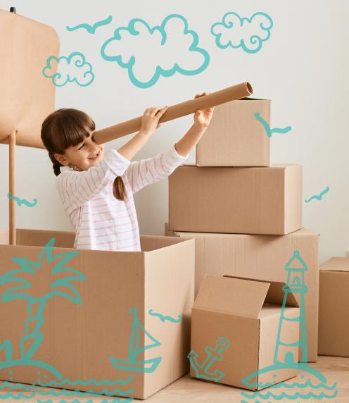 Young girl pretending she's on a ship with a cardboard telescope