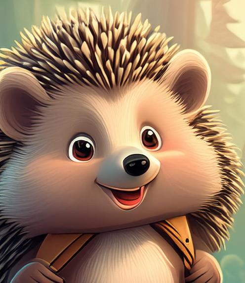 Cartoon illustration of a happy hedgehog in the woods