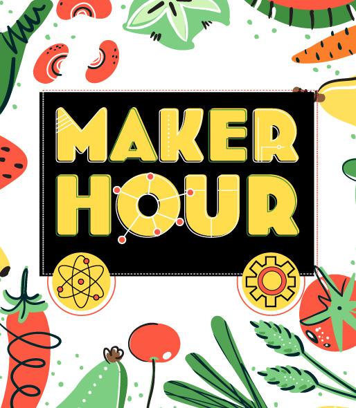 Maker Hour logo surrounded by illustrated food