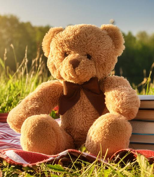 Teddy Bear with books sitting outside on a gingham blanket