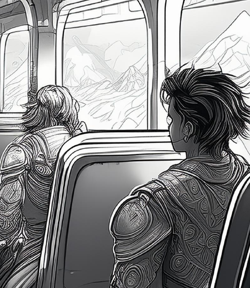 fantasy characters riding a train in black and white