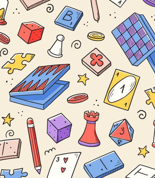 Image: Illustration of board game pieces like cards and dominoes.