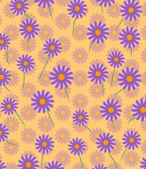 Illustration of purple flowers with orange centers floating against a yellow background