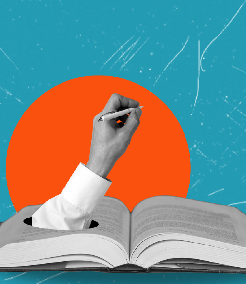 Illustration of a hand coming out of a book with a red circle and blue background