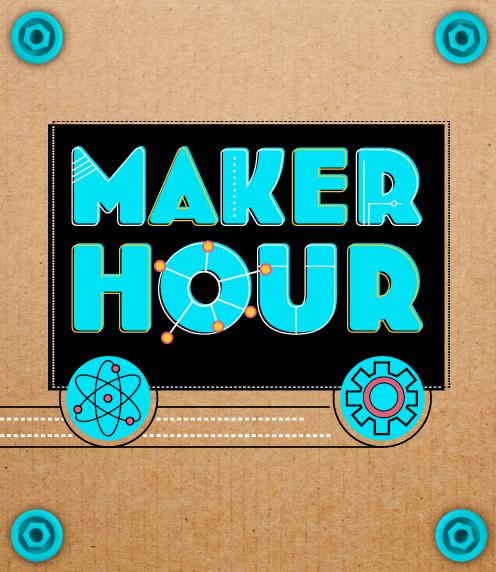 Maker Hour logo on cardboard box with wheels