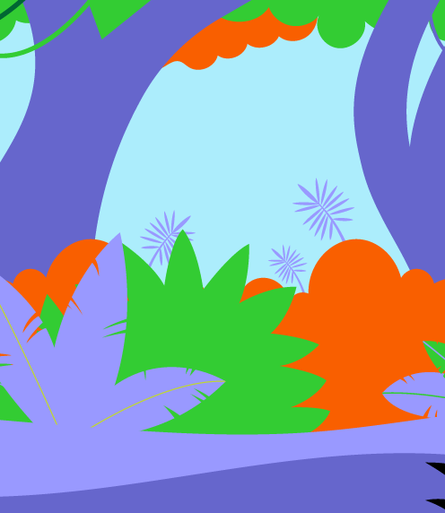 Illustration of jungle in purples, green, orange, and blue