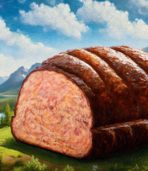 Oil painting of a meatloaf sitting in a Bob Ross-inspired landscape