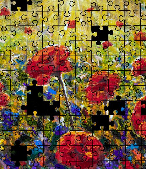 Puzzle of an impressionist painting of flowers with pieces missing
