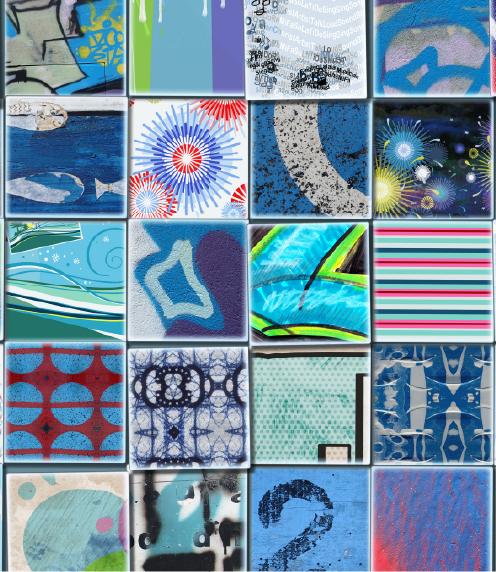 A 4x5 rectangle made of small square canvases painted with abstract designs