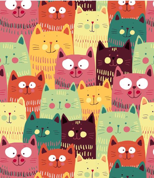 Illustration of rows of multi-colored cats looking at the viewer
