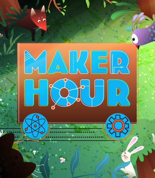 Image: Graphic of a Maker Hour activity cart in the woods with forest animals around it.