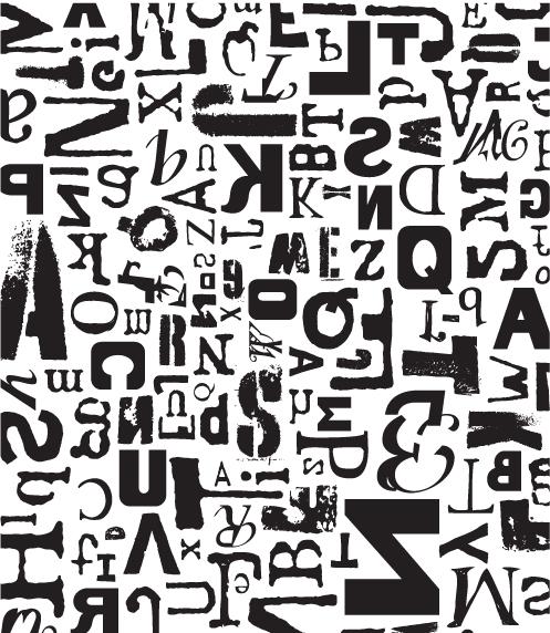 Black and white illustration with various typography elements