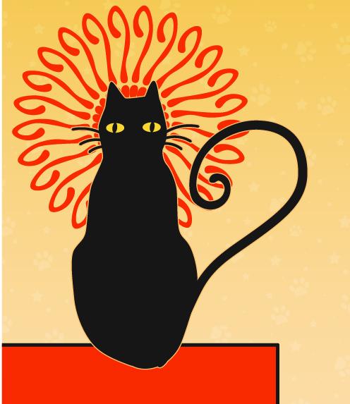 Illustration of black cat with question marks haloing its head