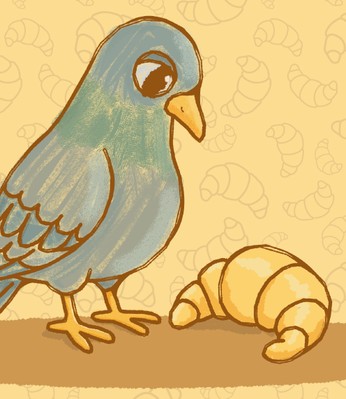 An illustration of a pigeon with a croissant in a pastel-like style