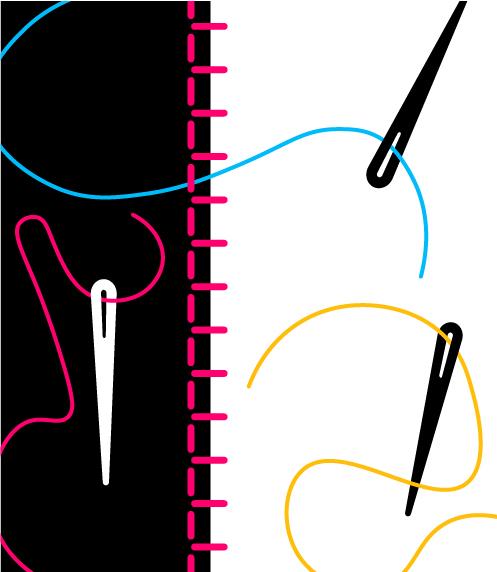 Illustration of stitches with three sets of needles and thread
