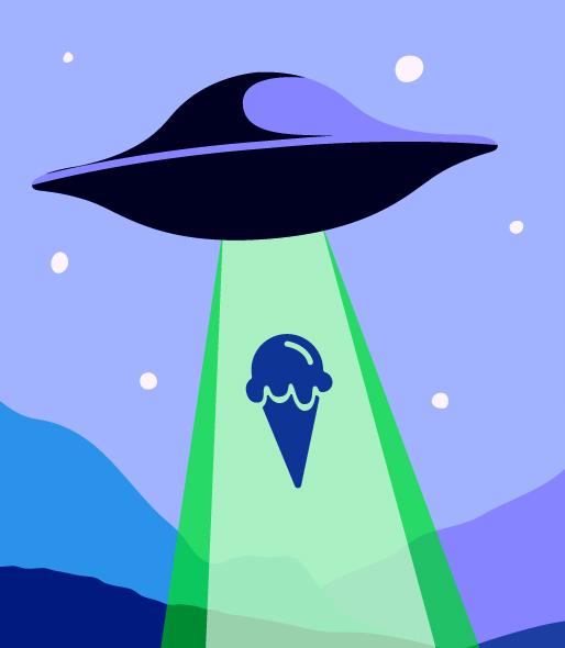 Illustration of a ufo with a tractor beam lifting up an ice cream cone