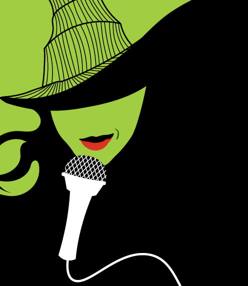 Stylized illustration of Elphaba with a microphone