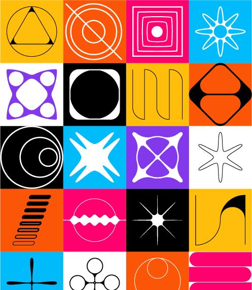 Illustration of multiple colored squares with abstract illustrations