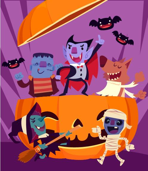 An illustration of a pumpkin with dancing monsters around and on top of it
