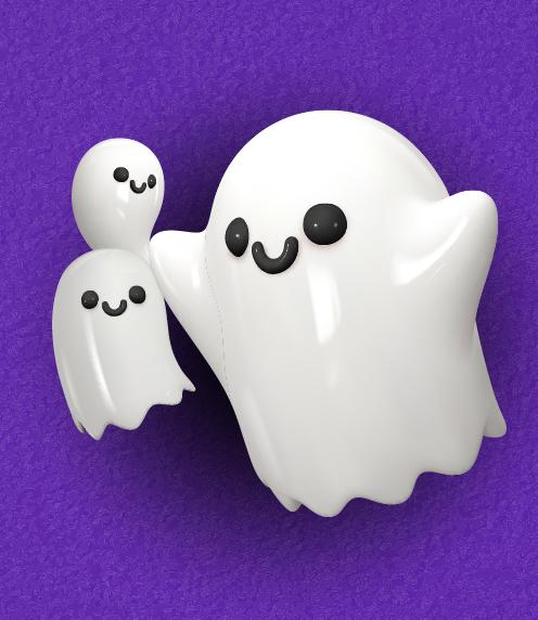 Illustration of three ceramic-like clay ghosts floating on a textured purple background