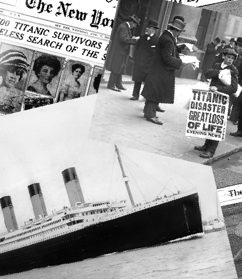 Old photos of the Titanic and newspaper clippings