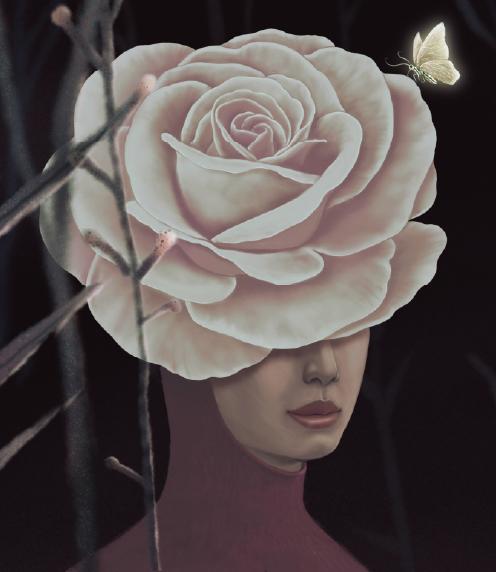 Surreal illustration of a woman with a pink rose covering her face