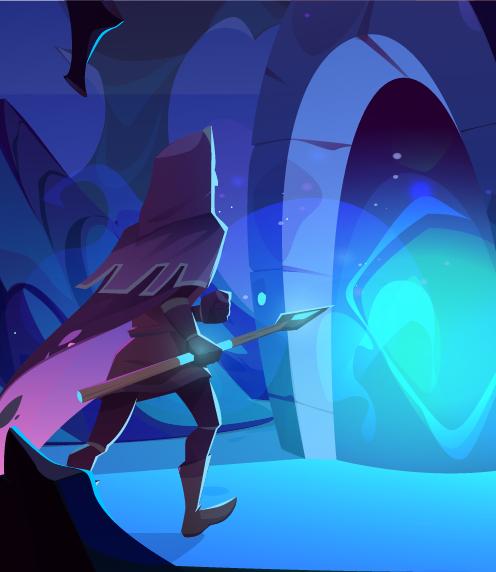 Illustration of an adventure walking into a magical portal in a cave