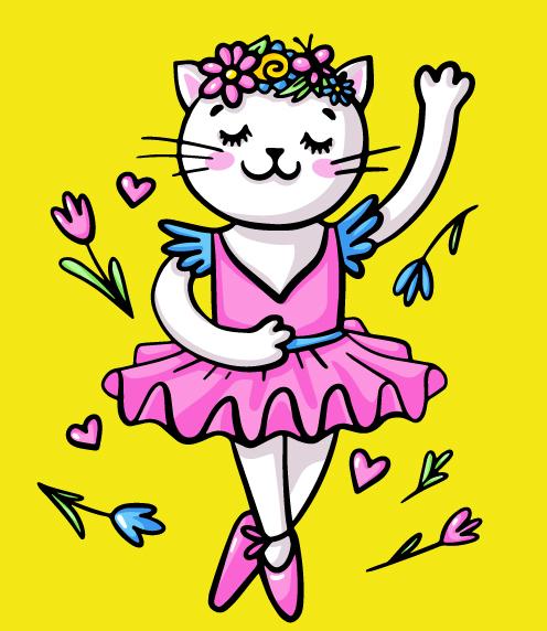 White cat standing en pointe in a pink tutu, surrounded by flowers, on a yellow background