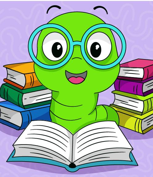 Illustration of a bookworm wearing glasses, book open in front of it and more piled behind it