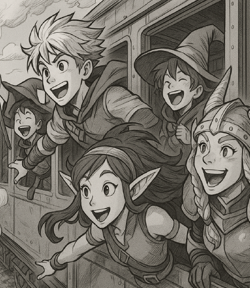 Anime-style adventurers on a train