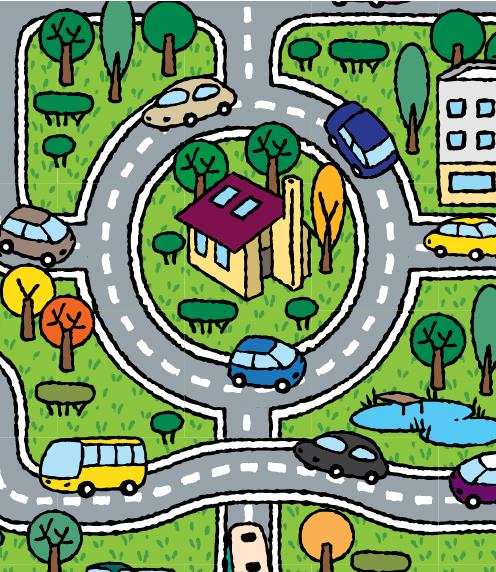 Illustration roundabout and overpass with cars, trees, and buildings