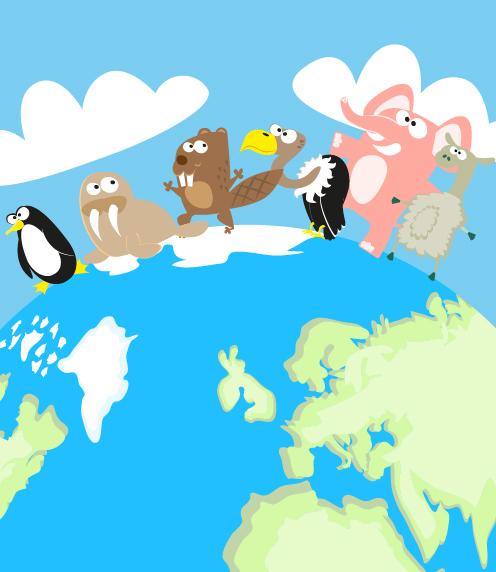 Illustration of penguin, walrus, beaver, vulture, elephant, and sheep standing on part of a globe