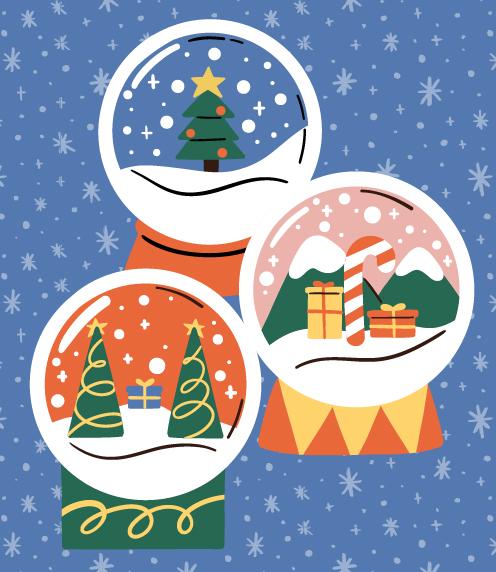 Illustration of three wintery snow globes on blue background with snowflakes