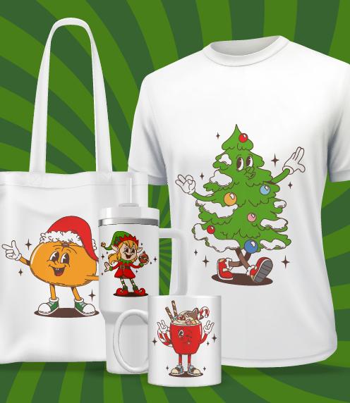 Mockups of four holiday themed gift ideas: a tote back, a tumbler, a coffee cup, and a t-shirt