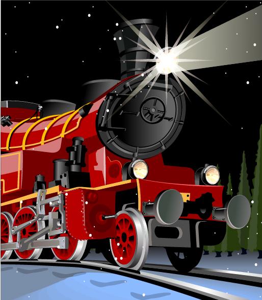 Illustration of a red train engine at night with pine trees and snow in the background